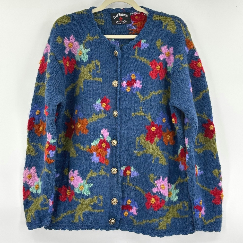 Lost Horizons Handknit Nepal Wool Blue Multi Floral Cardigan Sweater Vintage